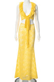 Yellow Sexy Solid Color Lace Hollow Out Patchwork Strap Design Deep V Neck Sleeveless Two Pieces
