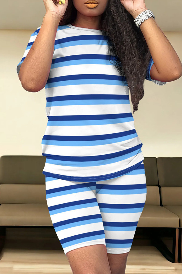 Blue Casual Stripe Patchwork O Neck Short Sleeve Two Pieces