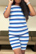 Blue Casual Stripe Patchwork O Neck Short Sleeve Two Pieces