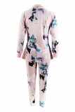 Pink Casual Print Patchwork Turndown Collar Long Sleeve Two Pieces