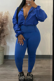 Blue Casual Solid Color Draw String Patchwork Zipper Turndown Collar Long Sleeve Two Pieces