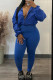 Blue Casual Solid Color Draw String Patchwork Zipper Turndown Collar Long Sleeve Two Pieces