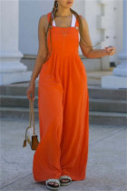 Tangerine Red Casual Solid Color Buttons Backless Spaghetti Strap Regular Jumpsuits