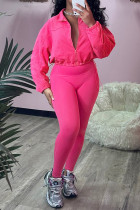 Pink Casual Solid Color Draw String Patchwork Zipper Turndown Collar Long Sleeve Two Pieces