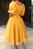 Yellow Casual Solid Color Basic Square Neck A Line Short Sleeve Dress