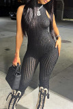 Black Sexy Solid Color Patchwork O Neck Skinny Jumpsuits