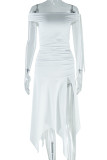 White Sexy Solid Color Slit Irregular Off Shoulder Two Pieces