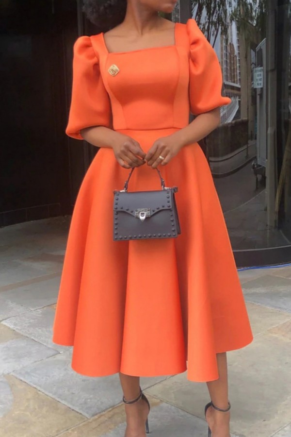Orange Casual Solid Color Basic Square Neck A Line Short Sleeve Dress