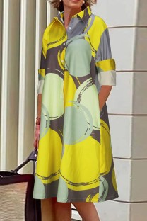 Yellow Casual Print Basic Turndown Collar Shirt Dresses