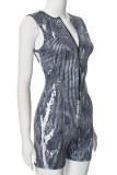 Blue Sexy Print Patchwork Zipper Zipper Collar Skinny Rompers