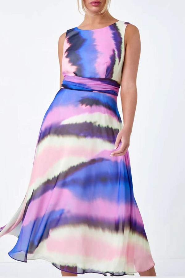 Purple Elegant Print Patchwork O Neck A Line Dresses