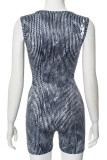 Blue Sexy Print Patchwork Zipper Zipper Collar Skinny Rompers