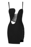 Black Sexy Party Solid Color Backless Spaghetti Strap Wrapped Skirt Dresses
