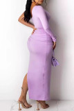 Light Purple Sexy Solid Color Hollow Out Draw String Patchwork High Slit Asymmetrical Collar Long Dresses