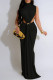 Black Elegant Solid Color Patchwork Ruched Half A Turtleneck Long Dresses