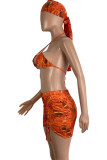 Orange Sexy Print Hollow Out Draw String Patchwork Backless 4 Piece Sets
