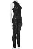 Black Sexy Solid Color Patchwork O Neck Skinny Jumpsuits