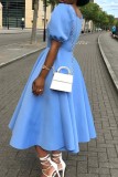 Yellow Casual Solid Color Basic Square Neck A Line Short Sleeve Dress