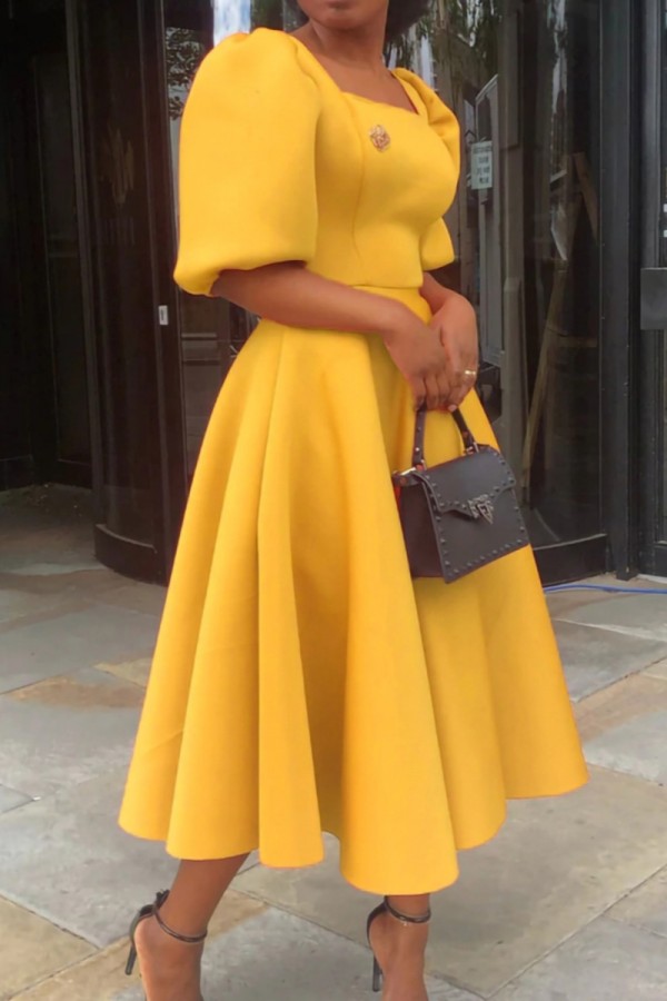 Yellow Casual Solid Color Basic Square Neck A Line Short Sleeve Dress