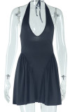 Black Sexy Hot Solid Color Backless Belted Halter Sleeveless Dresses