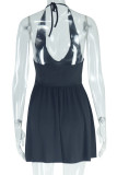 Black Sexy Hot Solid Color Backless Belted Halter Sleeveless Dresses