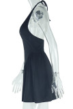 Black Sexy Hot Solid Color Backless Belted Halter Sleeveless Dresses