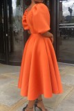 Yellow Casual Solid Color Basic Square Neck A Line Short Sleeve Dress