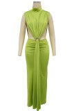 Black Elegant Solid Color Patchwork Ruched Half A Turtleneck Long Dresses