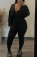 Black Casual Solid Color Draw String Patchwork Zipper Turndown Collar Long Sleeve Two Pieces