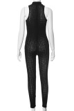 Black Sexy Solid Color Patchwork O Neck Skinny Jumpsuits