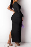 Light Purple Sexy Solid Color Hollow Out Draw String Patchwork High Slit Asymmetrical Collar Long Dresses