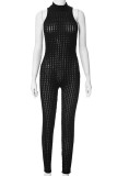 Black Sexy Solid Color Patchwork O Neck Skinny Jumpsuits