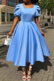 Yellow Casual Solid Color Basic Square Neck A Line Short Sleeve Dress