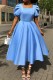 Light Blue Casual Solid Color Basic Square Neck A Line Short Sleeve Dress