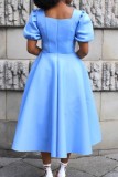 Yellow Casual Solid Color Basic Square Neck A Line Short Sleeve Dress