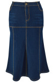 Deep Blue Street Solid Color Pocket Buttons Patchwork Zipper A Line Plus Size 