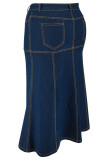 Deep Blue Street Solid Color Pocket Buttons Patchwork Zipper A Line Plus Size 