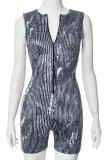 Blue Sexy Print Patchwork Zipper Zipper Collar Skinny Rompers