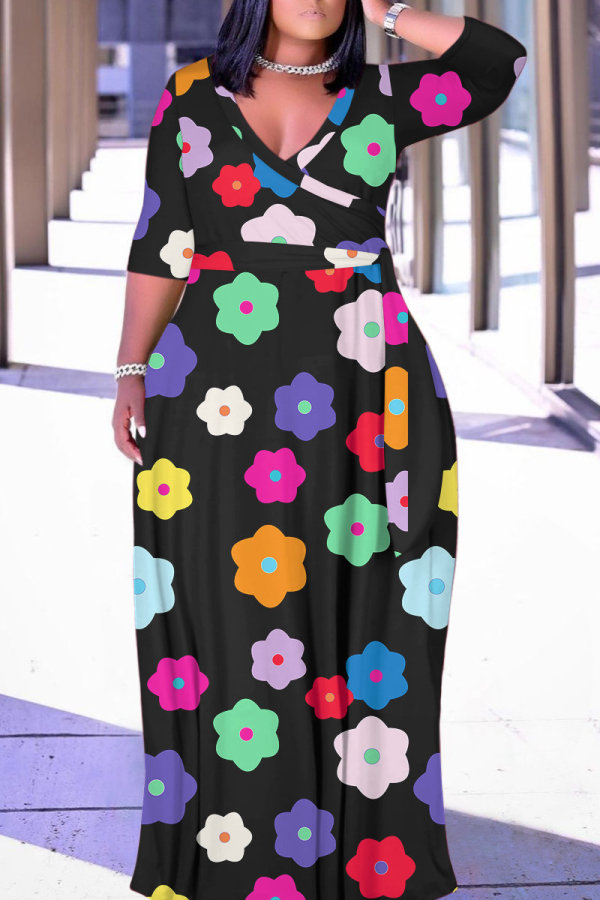 Black Casual Print Belted V Neck Long Plus Size Dresses