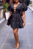 Black Casual Solid Color Basic V Neck A Line Short Sleeve Dress