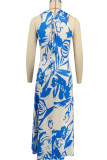 Blue Casual Print Patchwork V Neck Long Dresses