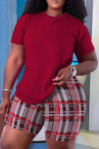 Dark Red Casual Print Basic O Neck Short Sleeve Two Pieces