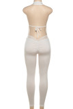 White Sexy Solid Color Lace Hollow Out Patchwork Backless Strap Design Halter Skinny Jumpsuits
