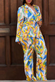 Red Street Print Buckle Patchwork Turn-back Collar Long Sleeve Two Pieces
