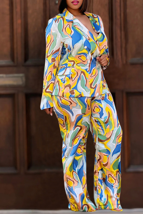 Yellow Street Print Buckle Patchwork Turn-back Collar Long Sleeve Two Pieces
