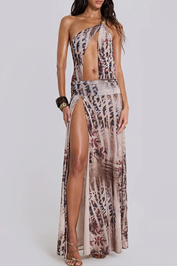 Brown Elegant Print Hollow Out Patchwork High Slit Long Dresses