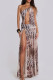 Brown Elegant Print Hollow Out Patchwork High Slit Long Dresses