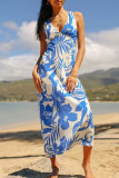 Blue Casual Print Patchwork V Neck Long Dresses