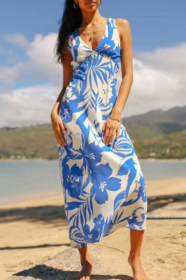 Blue Casual Print Patchwork V Neck Long Dresses