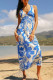 Blue Casual Print Patchwork V Neck Long Dresses